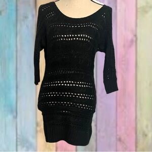 So Black Metallic Open Knit Tunic Sweater Long Top